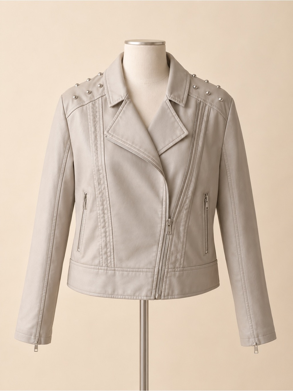 Light Beige Studded Moto Jacket – Large